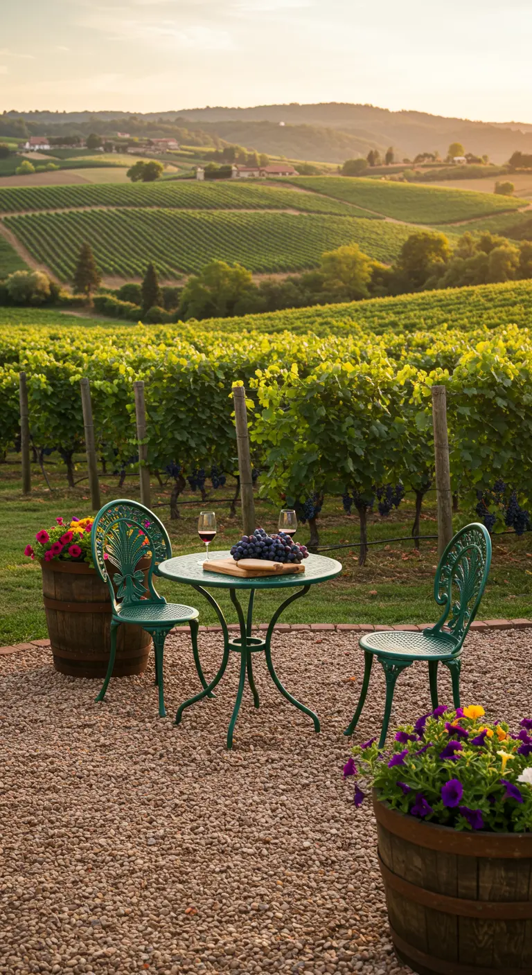Bistro set vert en fer forgé dans un vignoble, avec des tonneaux fleuris et une grappe de raisin sur la table.