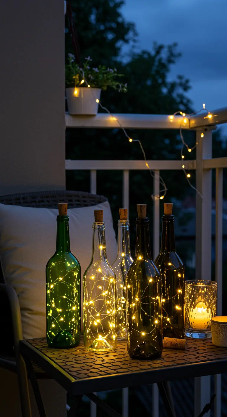 Bouteilles de vin de différentes couleurs remplies de guirlandes lumineuses.