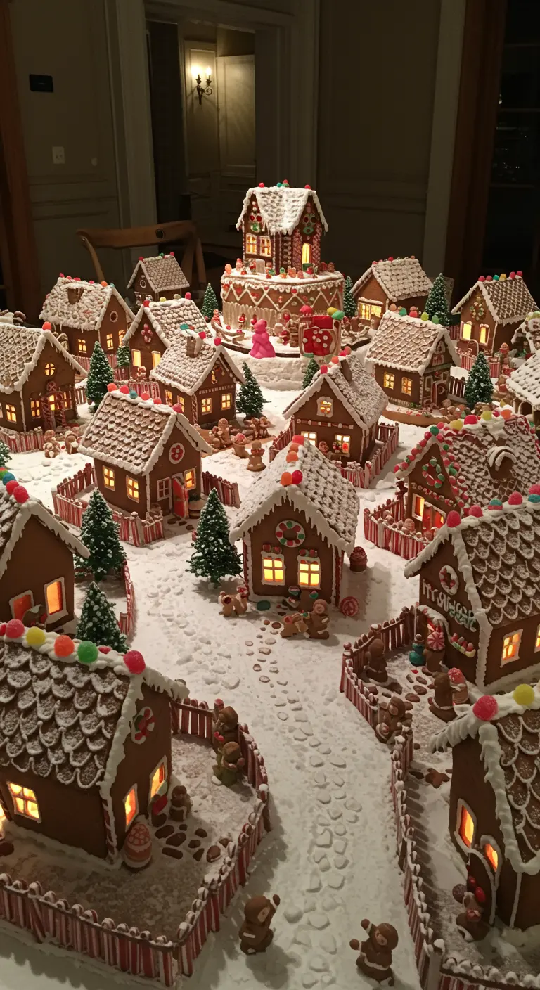 Grand village de maisons en pain d'épices illuminées sur une table.