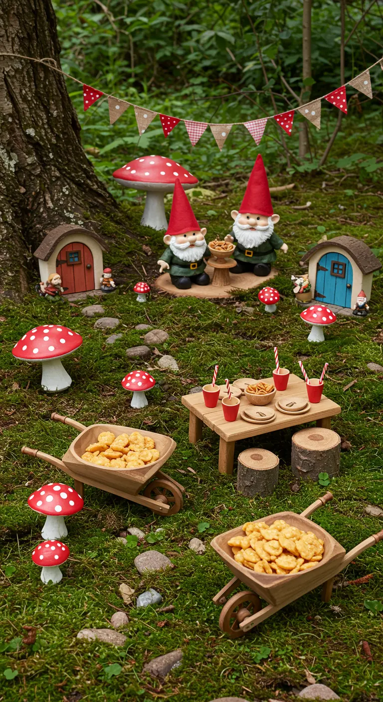 Mise en scène miniature avec des gnomes, des champignons et des petites portes de fées dans la mousse.