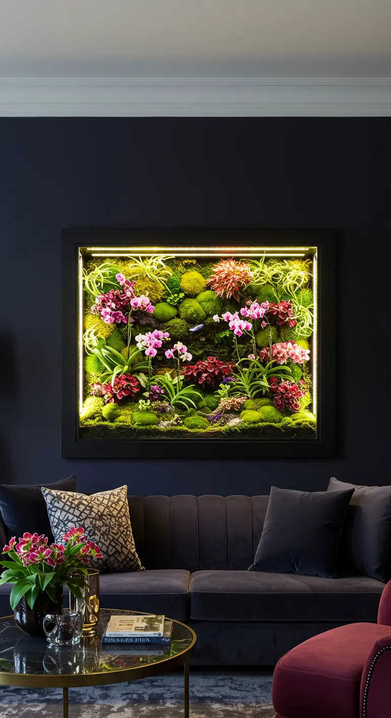 Un grand cadre noir illuminé de l'intérieur, rempli d'orchidées roses et de mousses, au-dessus d'un canapé.