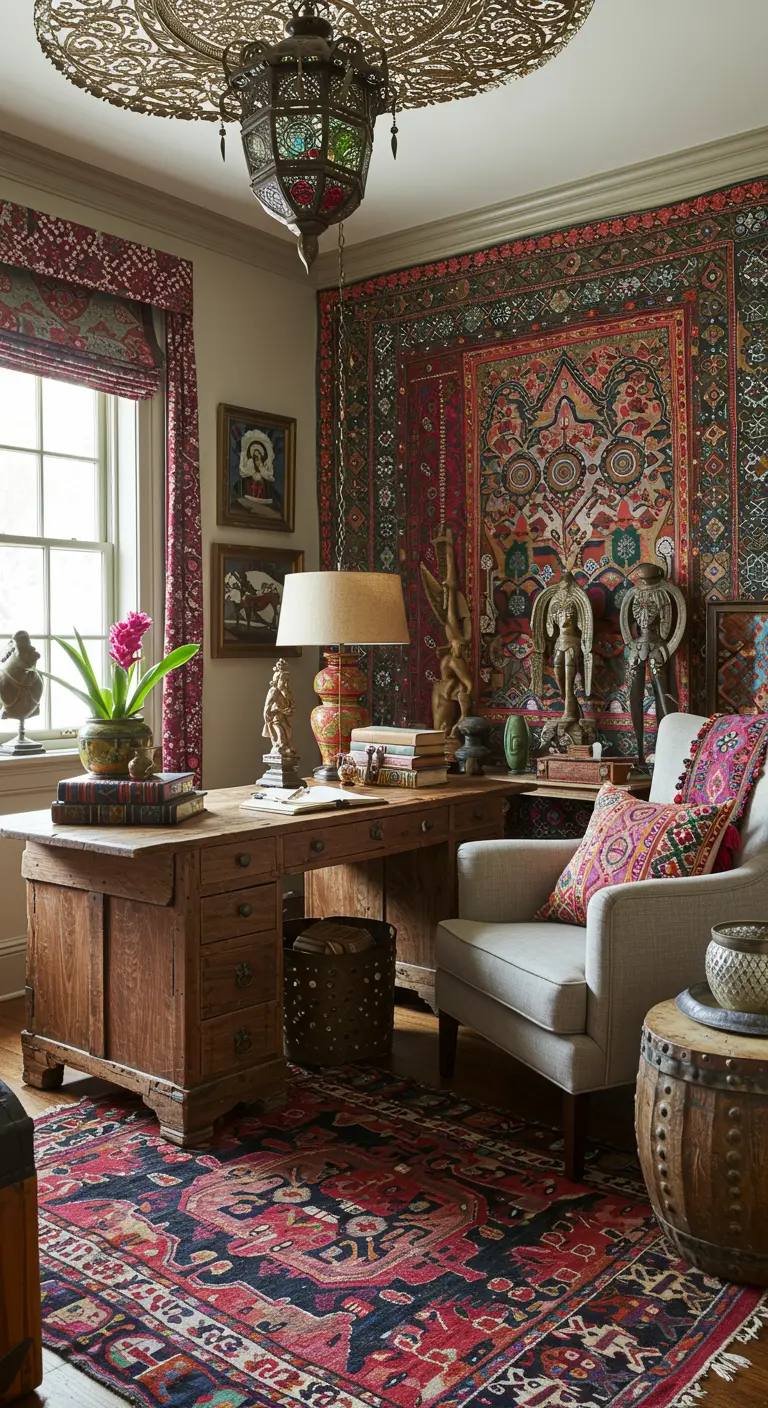 Bureau bohème éclectique avec grande tapisserie murale, meubles en bois sculpté et tapis superposés.