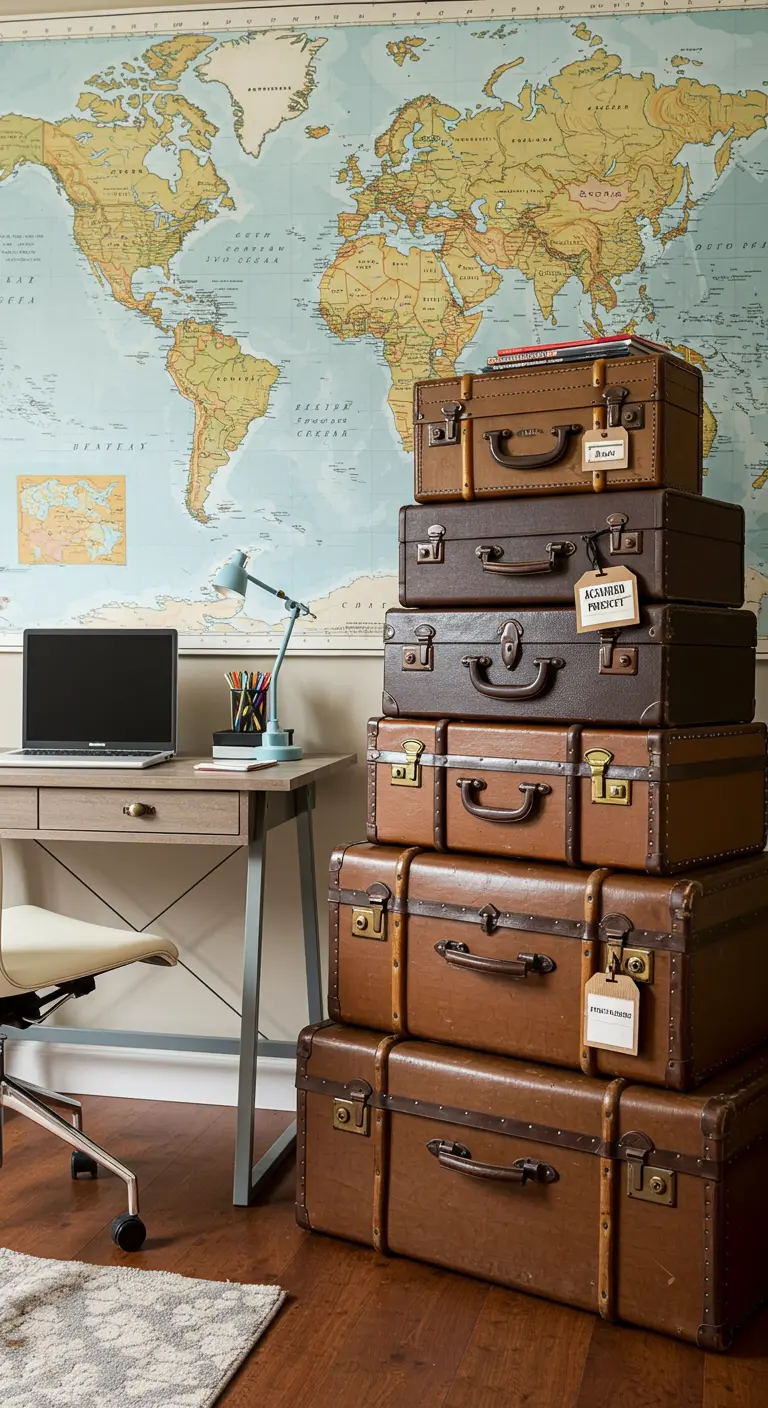 Pile de valises vintage en cuir utilisée comme rangement à côté d'un bureau avec une carte du monde murale.