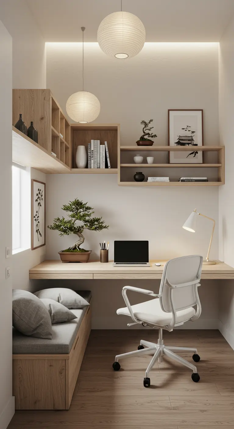 Bureau minimaliste Japandi avec banquette intégrée, étagères flottantes et bonsaï