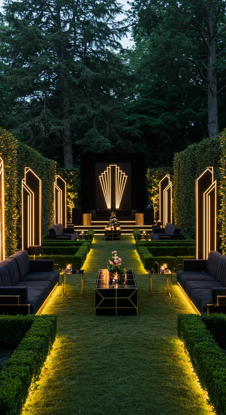 Jardin formel avec des allées éclairées par des rubans LED et des structures lumineuses Art Déco.
