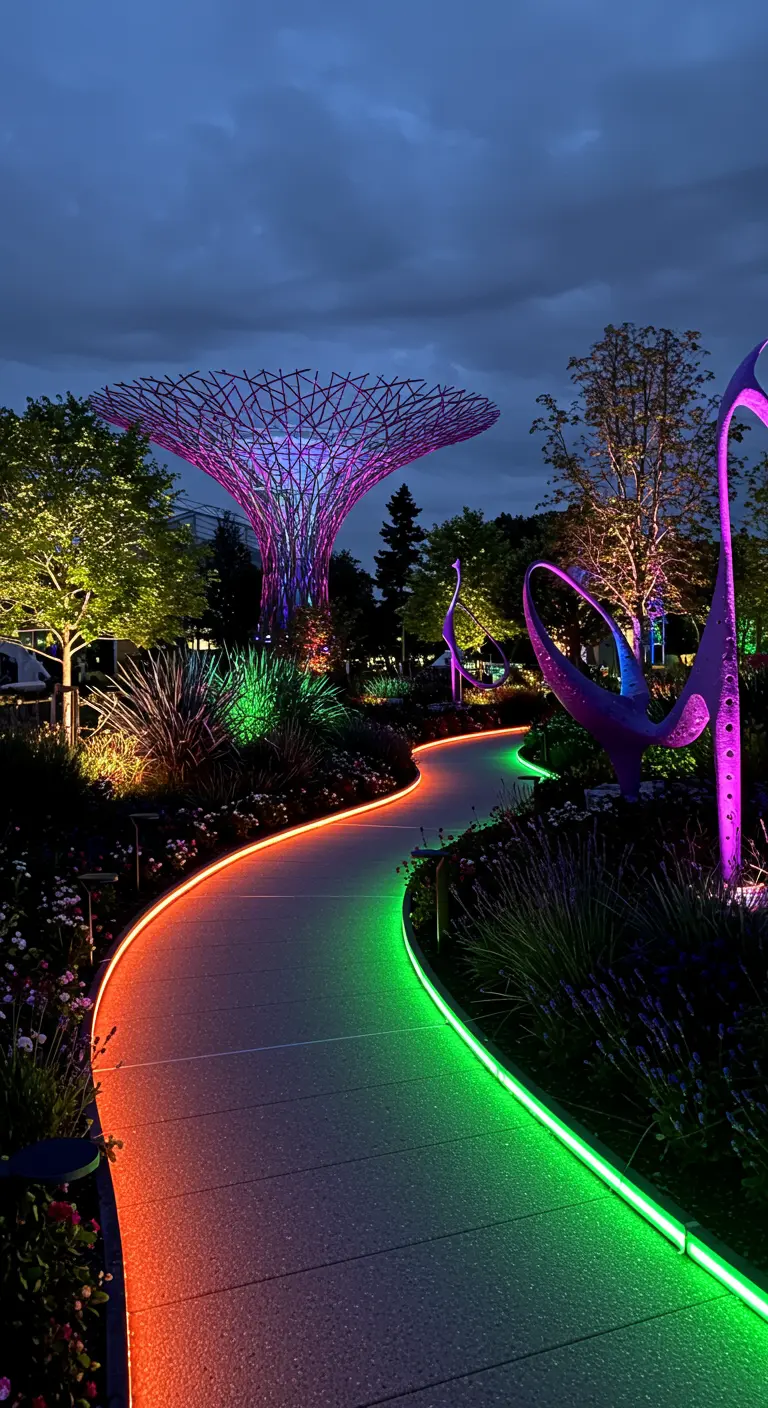 Chemin de jardin moderne avec des bandes lumineuses LED colorées menant à une sculpture d'arbre éclairée.