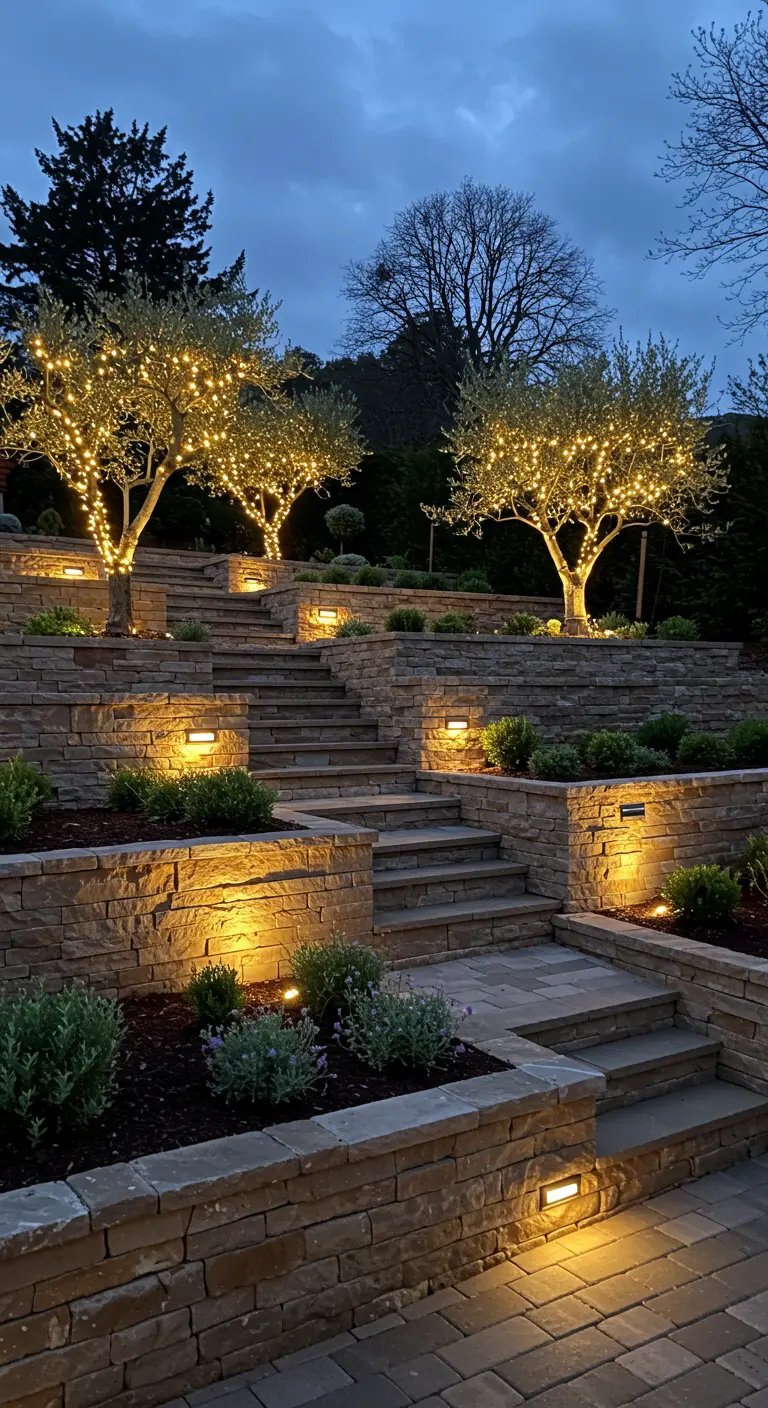 Jardin en terrasses avec des oliviers dont les branches sont entièrement recouvertes de guirlandes.