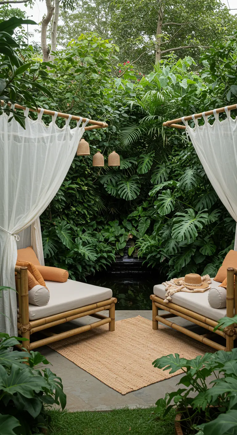 Deux chaises longues en bambou avec voiles blancs, tapis de jute, entourées de verdure luxuriante près d'un bassin.