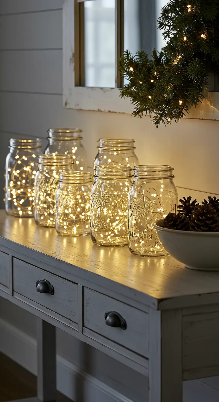 Plusieurs bocaux en verre remplis de guirlandes lumineuses posés sur une console.