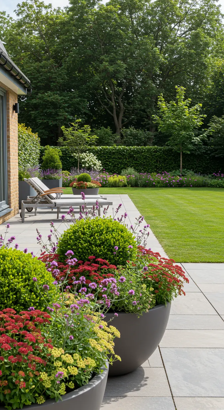 Grandes jardinières rondes et grises sur une terrasse moderne, plantées de fleurs vivaces colorées.