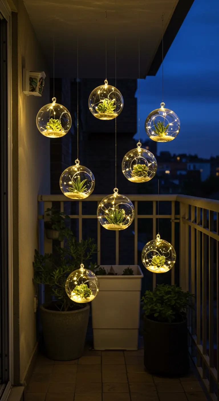 Globes en verre suspendus contenant des plantes et des guirlandes lumineuses.