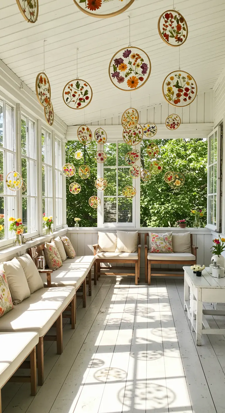 Véranda décorée avec de nombreux capteurs de soleil ronds faits de fleurs pressées.
