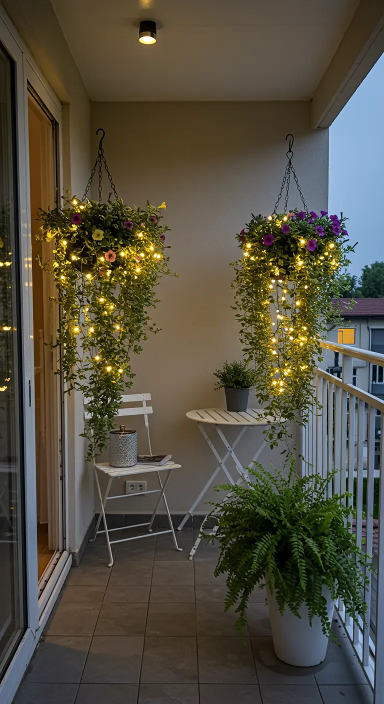 Deux paniers de fleurs suspendus d'où s'échappent des cascades de guirlandes lumineuses.