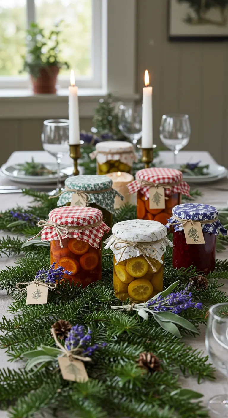 Bocaux de conserves maison avec des couvercles en tissu, disposés sur des branches de sapin.