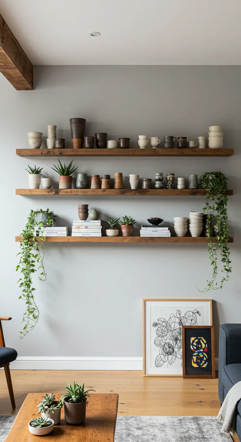 Trois longues étagères murales en bois garnies de poteries, de livres et de plantes vertes.