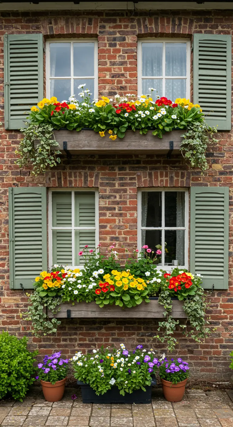 Jardinières de fenêtre en bois avec des fleurs colorées sur une façade en brique.