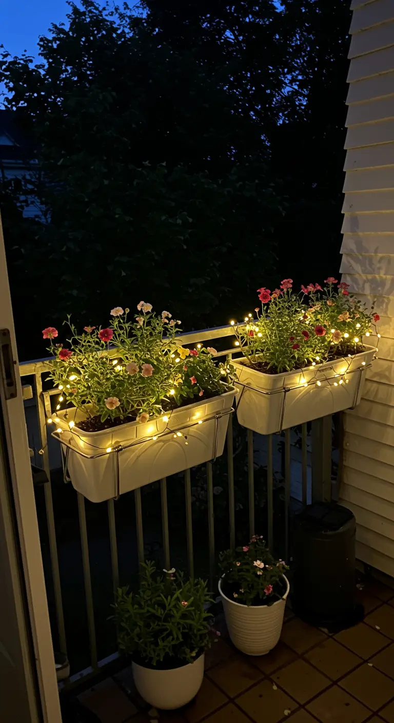 Jardinières de balcon avec des fleurs roses et une guirlande lumineuse entrelacée.