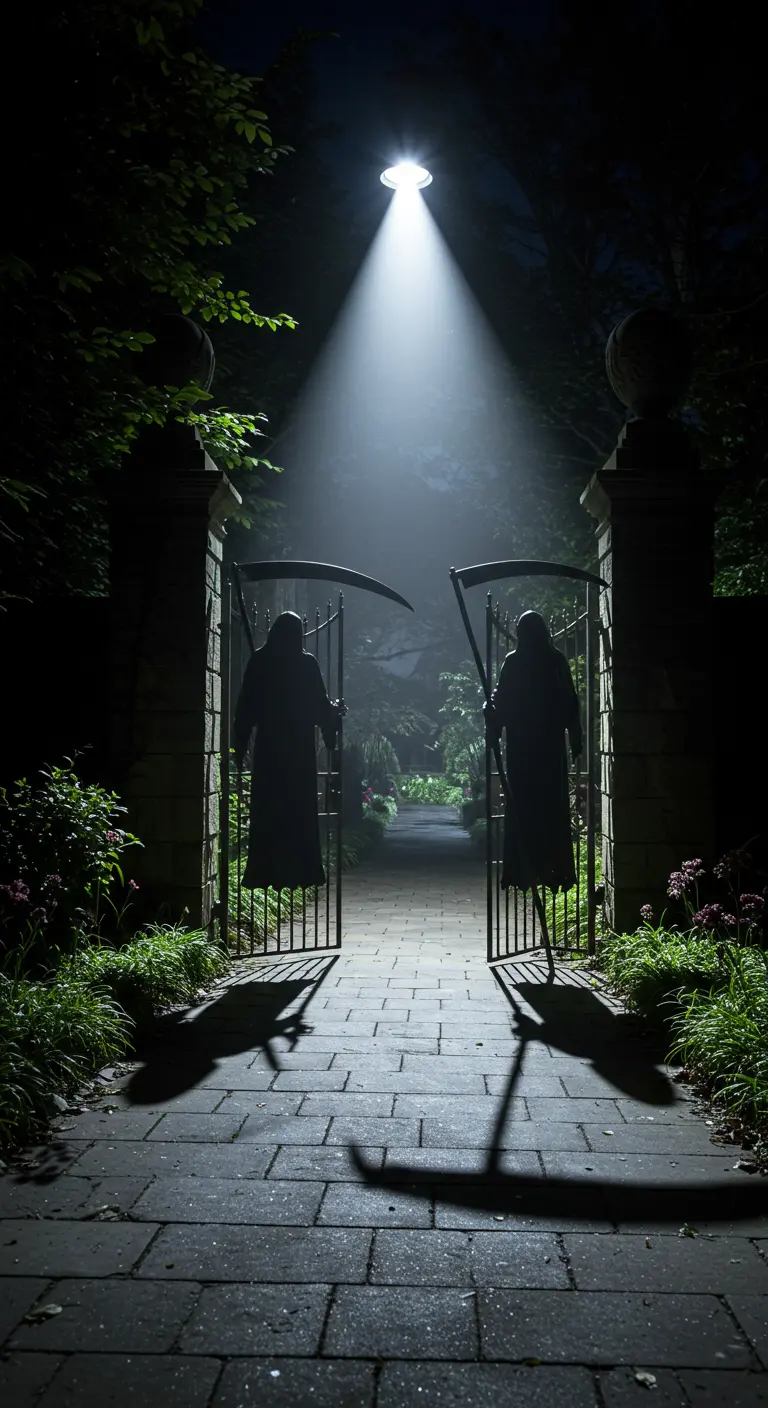 Deux silhouettes de faucheuses gardant un portail, éclairées par un spot zénithal.