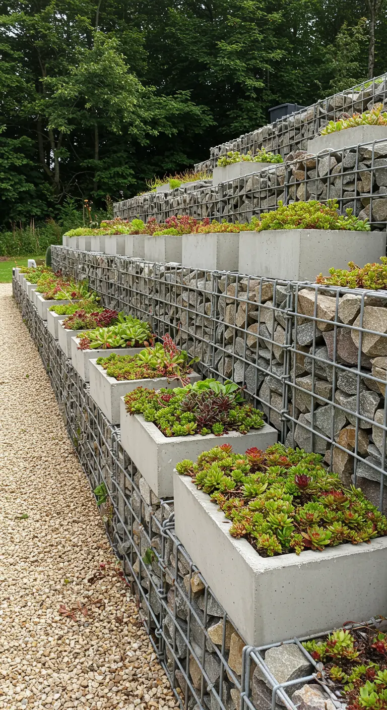 Mur de gabions en escalier avec des jardinières en béton incrustées, remplies de différentes succulentes.