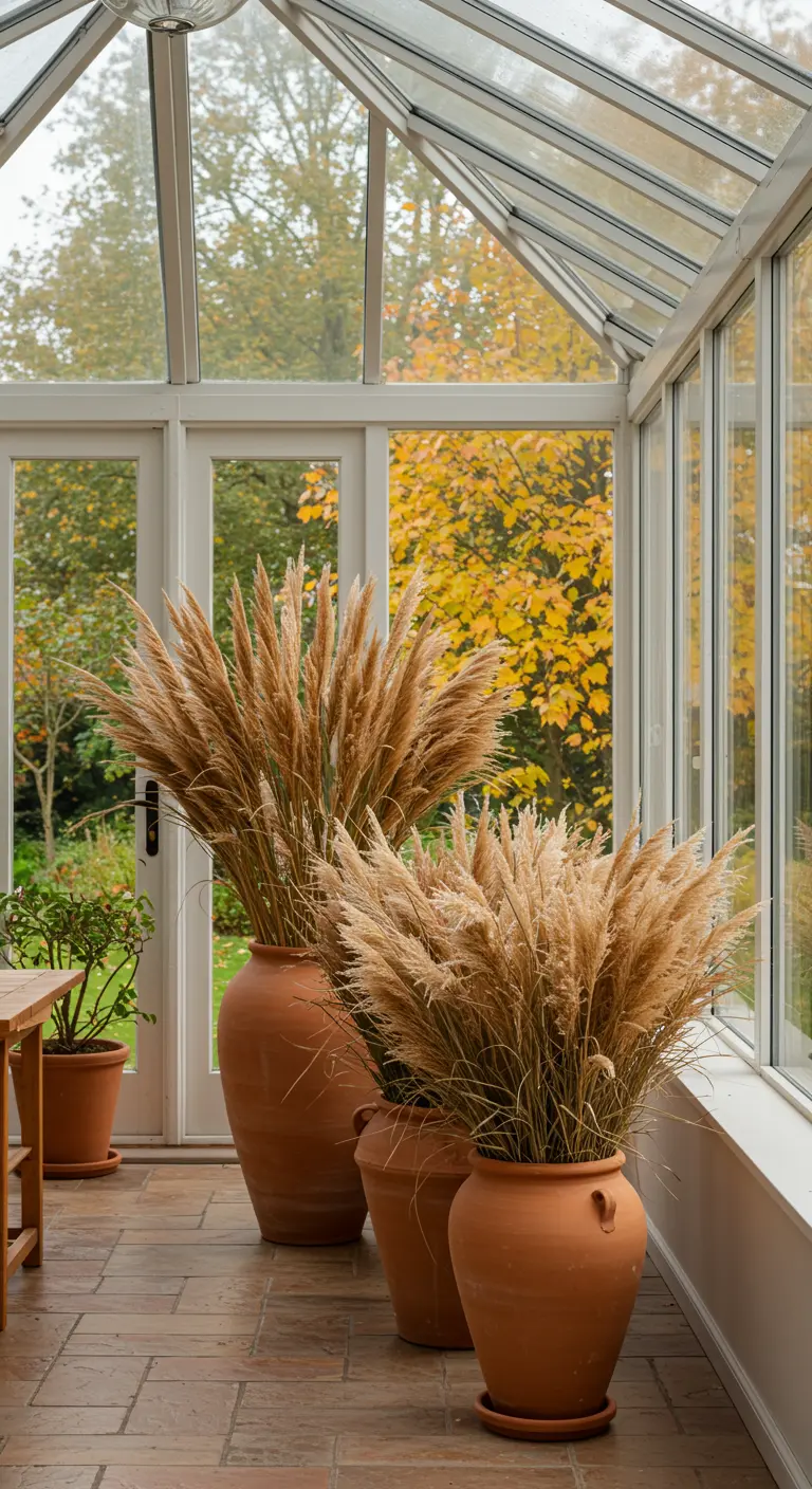 Grandes jarres en terre cuite remplies d'herbe de la pampa dans une véranda lumineuse.