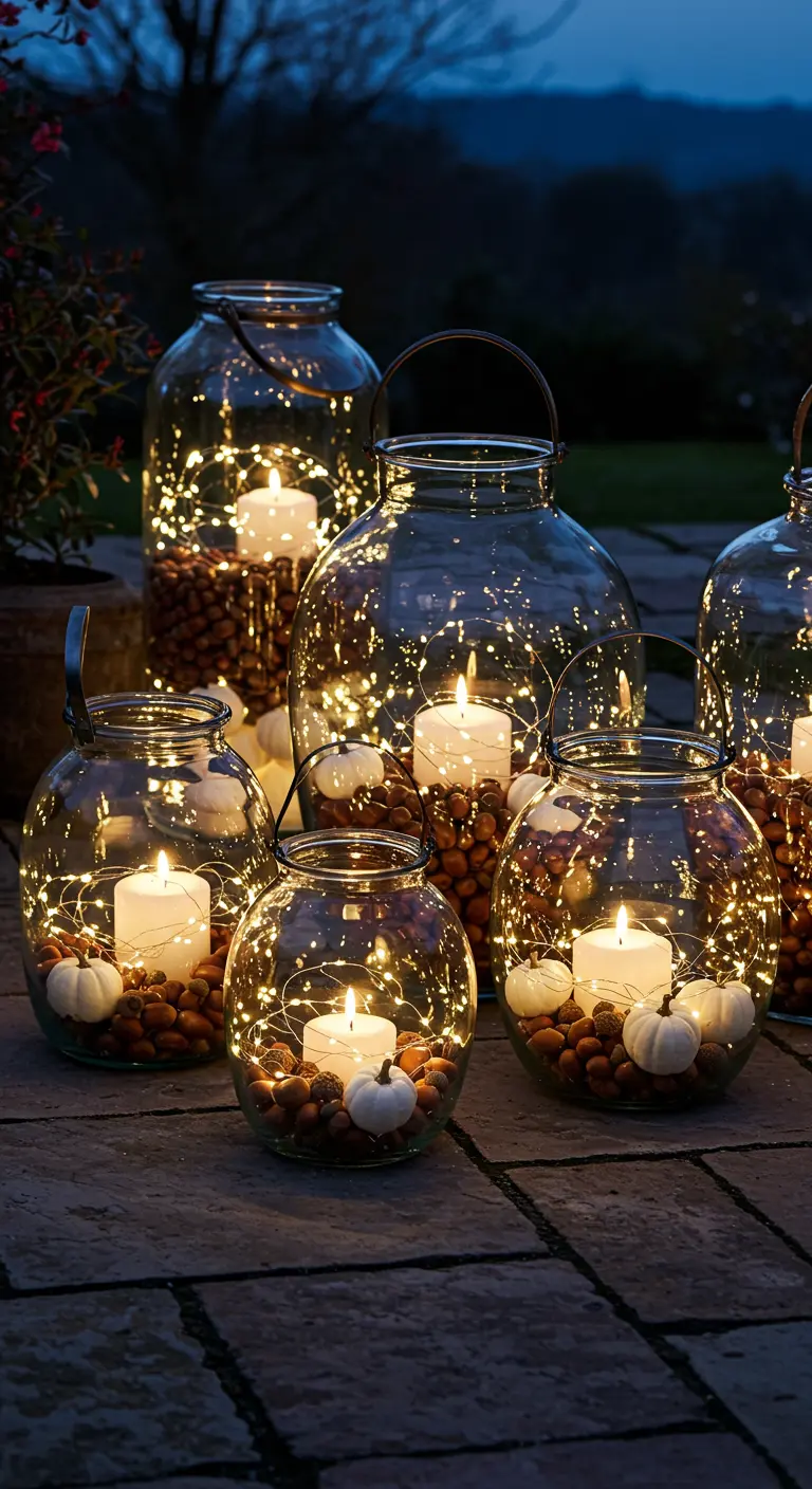 Des lanternes en verre remplies de noisettes, de bougies et de guirlandes lumineuses.