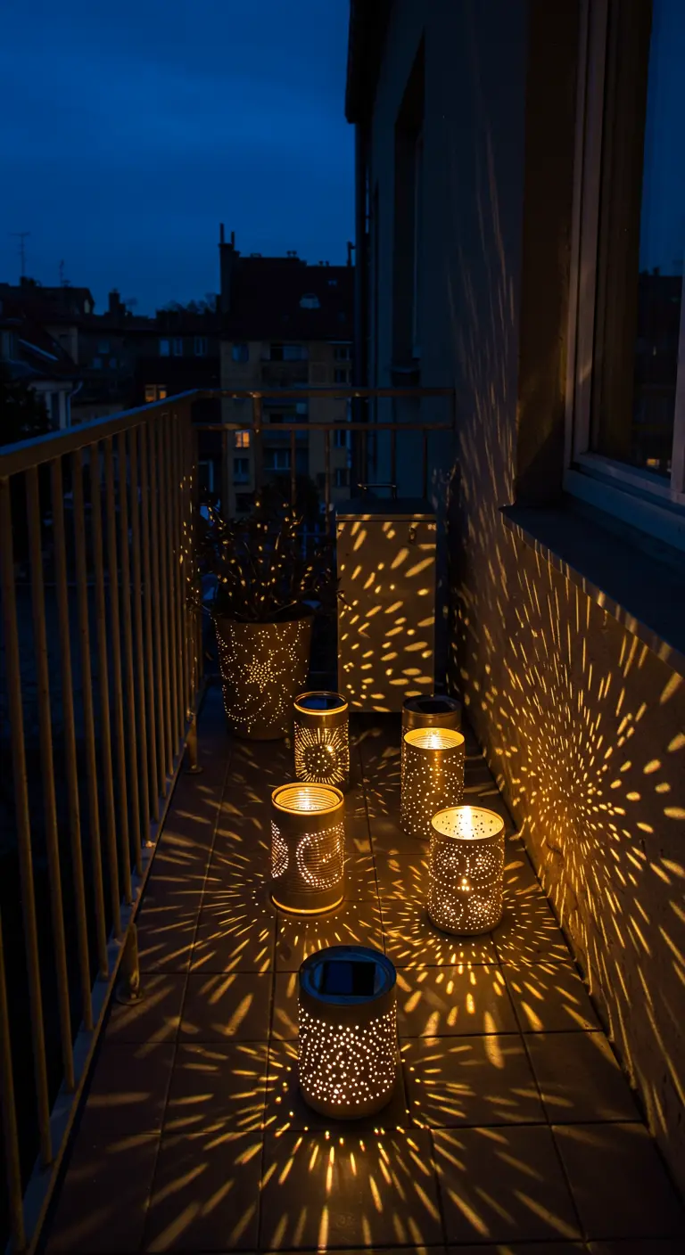 Lanternes solaires en métal perforé projetant des motifs lumineux sur le sol.