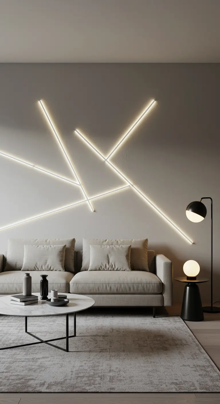 Installation murale de barres lumineuses LED formant des lignes géométriques au-dessus d'un canapé.