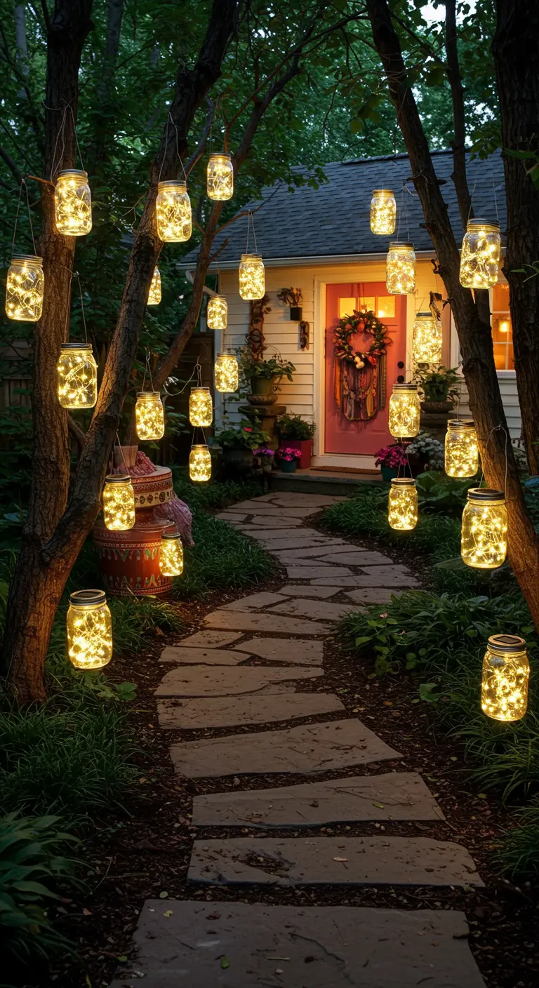Chemin de jardin sinueux avec de nombreux bocaux lumineux suspendus aux arbres.