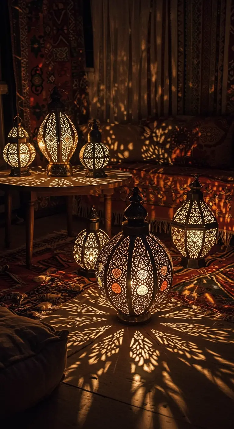 Plusieurs lanternes marocaines en métal ciselé projettent des ombres complexes.