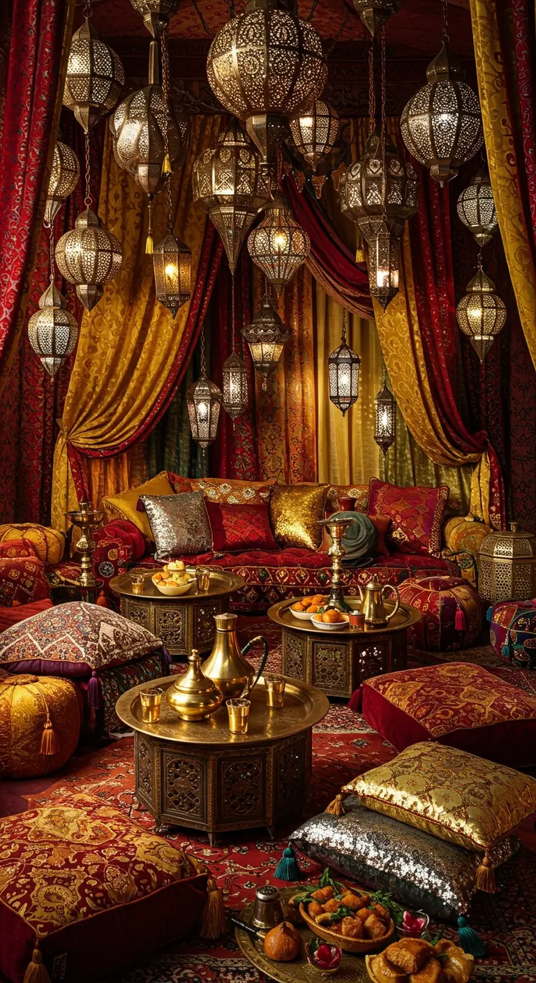 Un salon aux allures orientales avec de nombreuses lanternes, des coussins à sequins et des tentures colorées.
