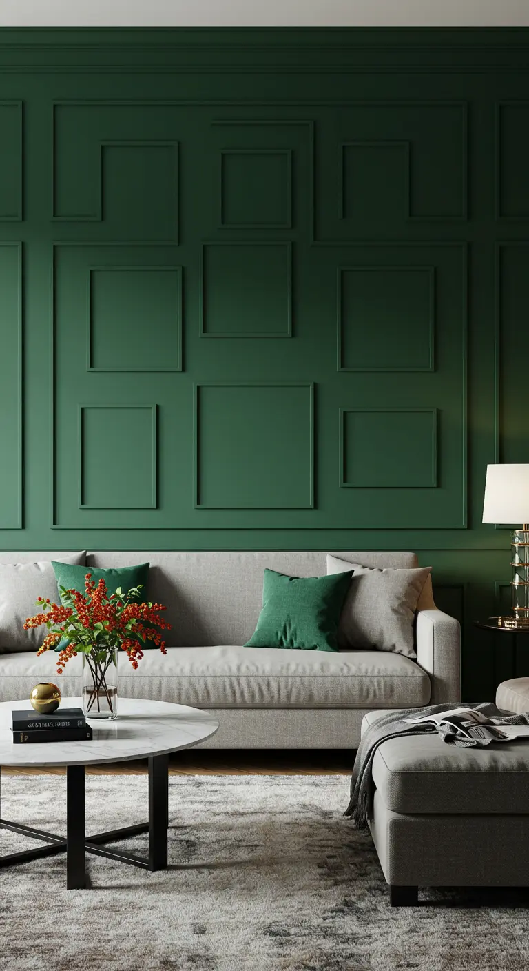 Mur vert foncé décoré de moulures fines formant des cadres géométriques, peintes de la même couleur.