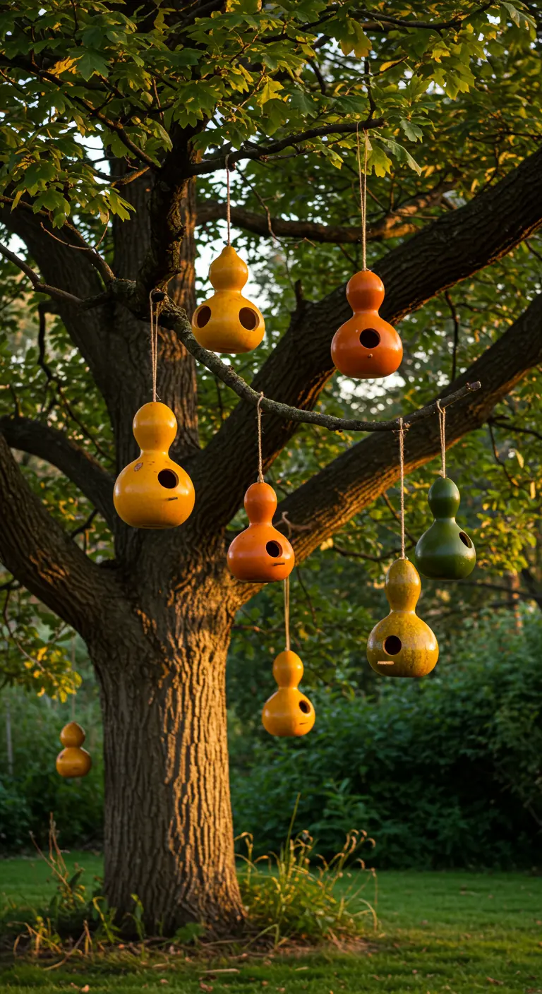 Des courges séchées en forme de nichoirs suspendues à un grand arbre.