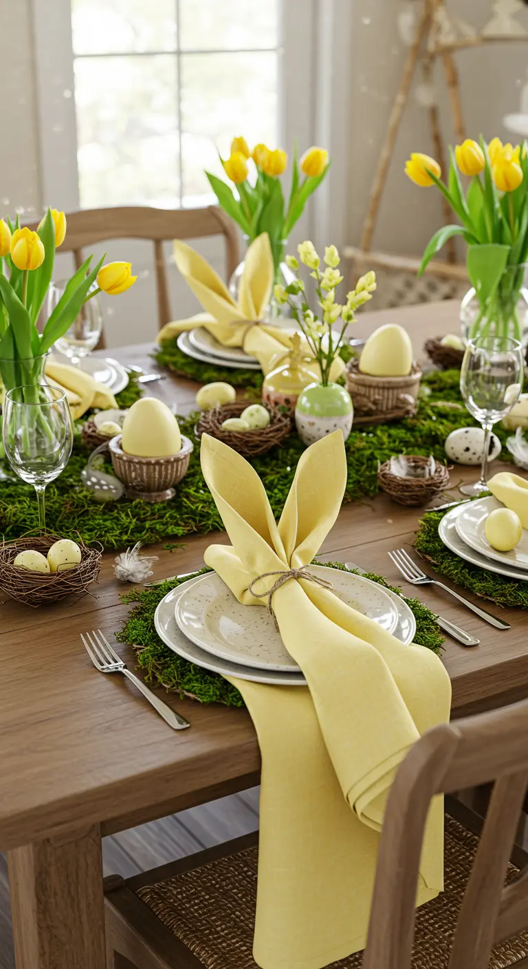 Table de Pâques joyeuse avec serviettes jaunes pliées en lapins.