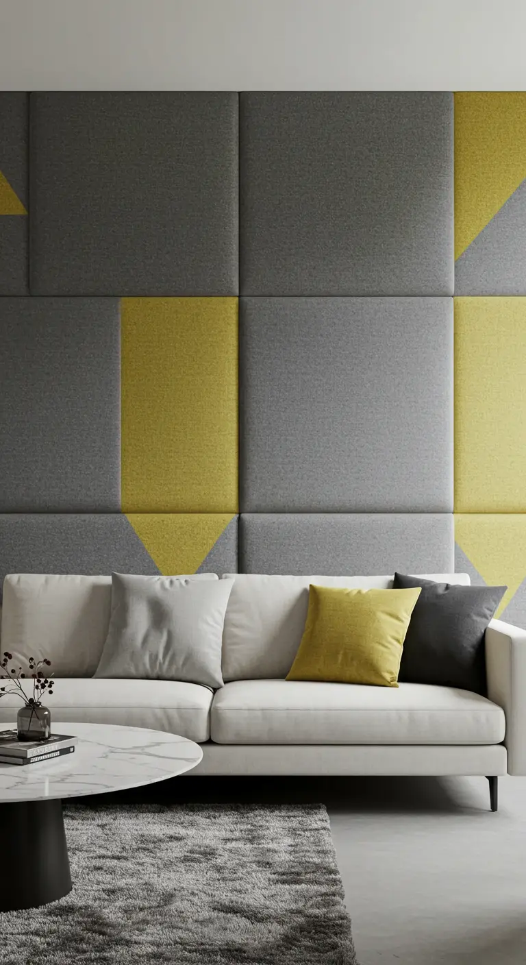 Mur d'accent composé de panneaux acoustiques carrés et triangulaires en gris et jaune.