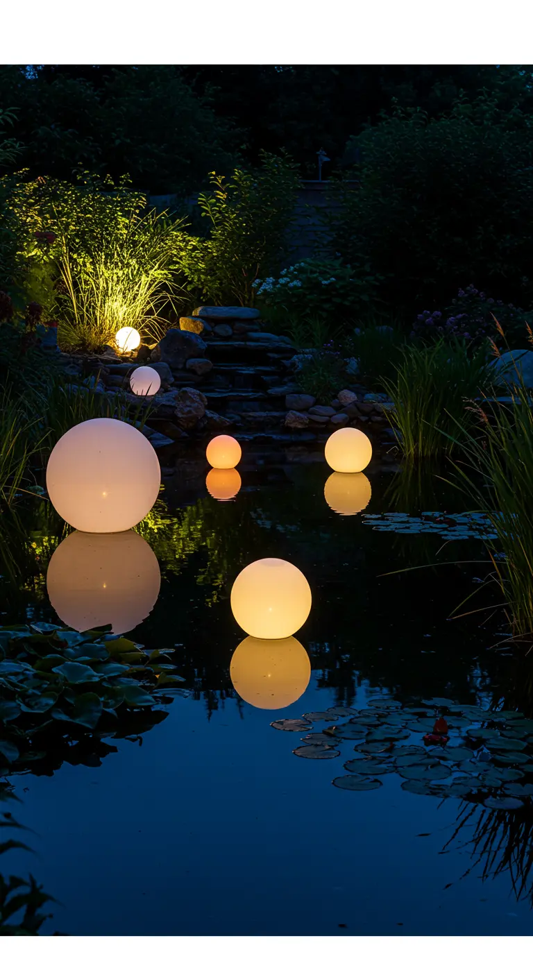 Des globes lumineux de tailles variées flottent sur un étang la nuit, se reflétant dans l'eau.