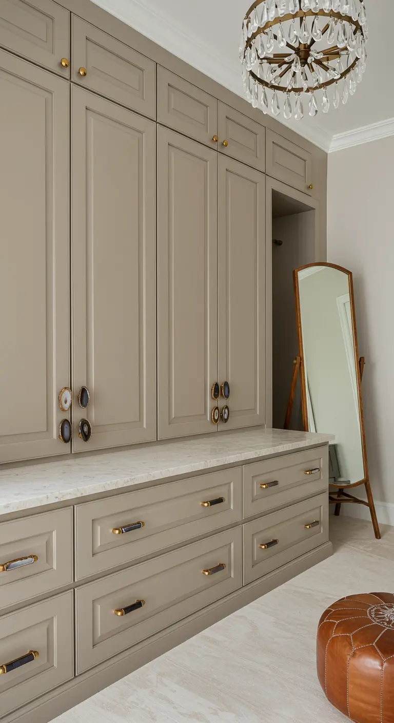Tiroirs de dressing avec des poignées uniques en agate et laiton.