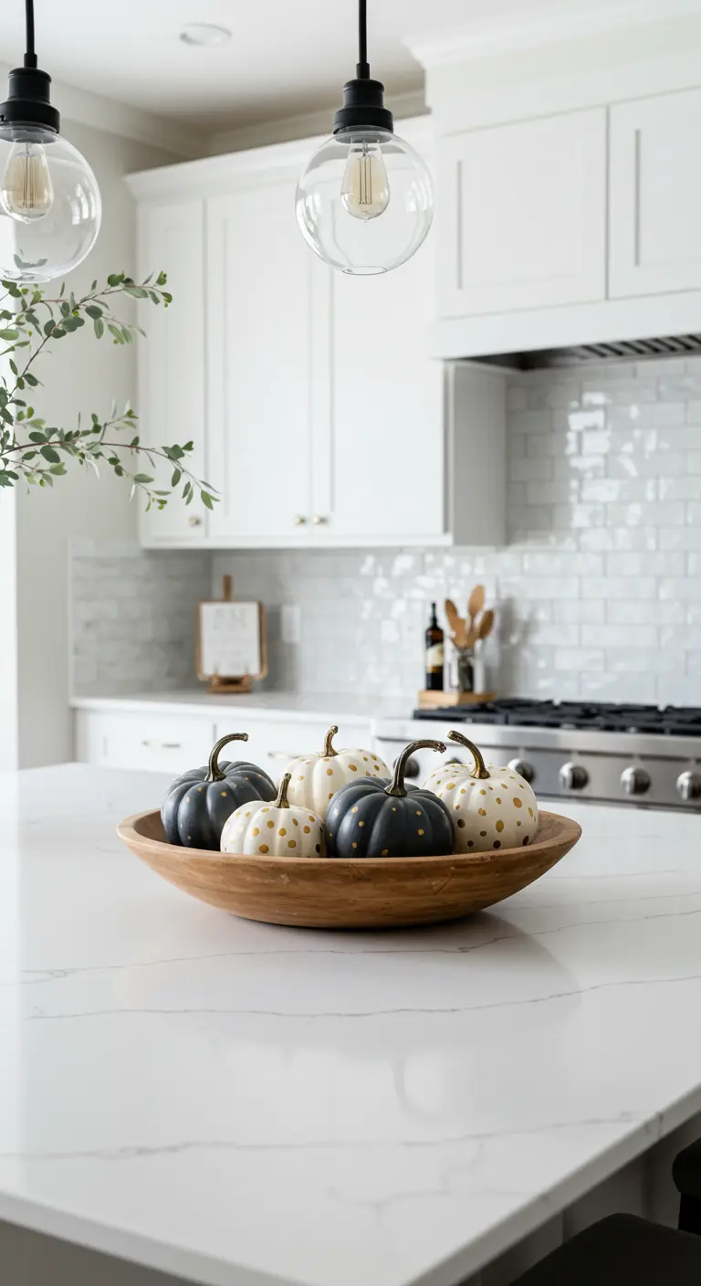 Bol en bois sur un comptoir de cuisine blanc, rempli de mini-citrouilles noires et blanches à pois dorés.