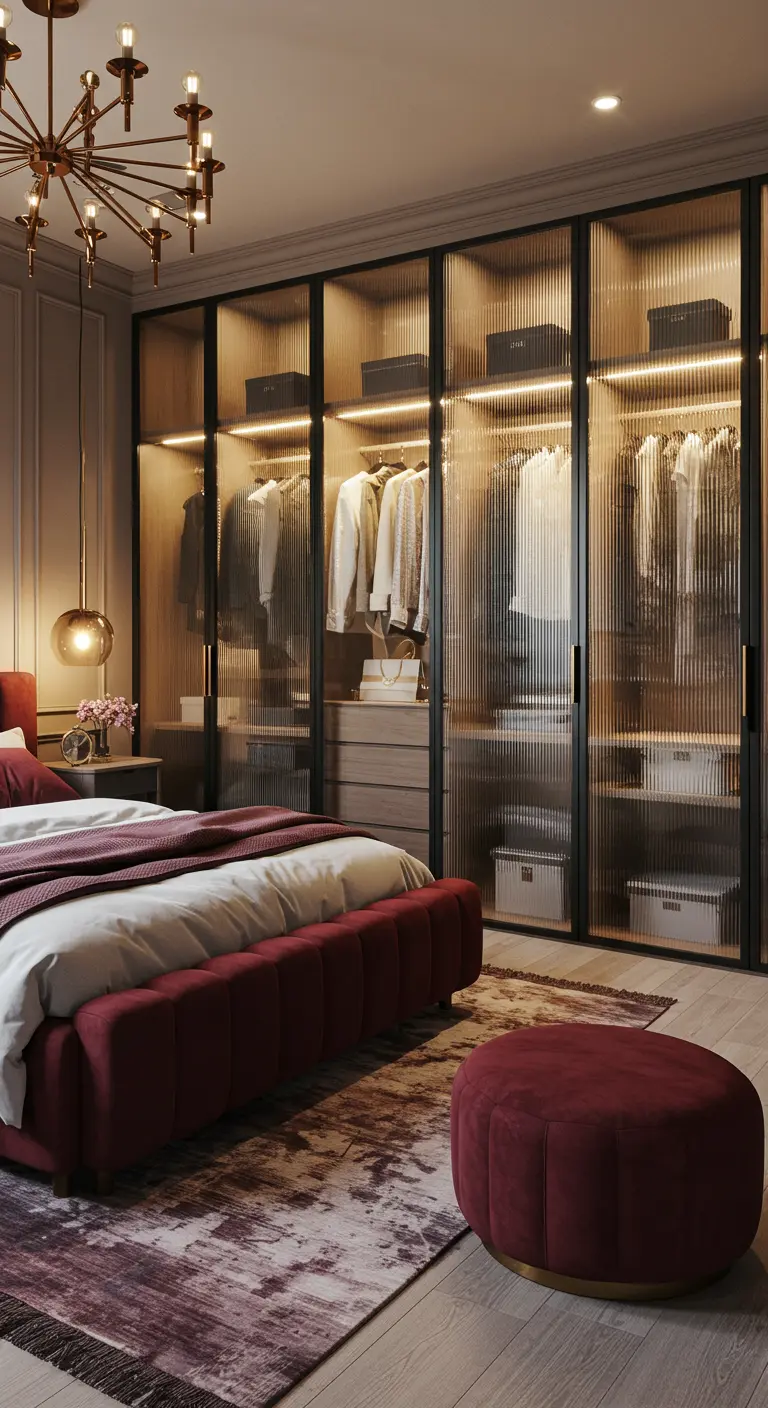 Dressing moderne avec portes en verre cannelé et profilés noirs, éclairage intérieur.