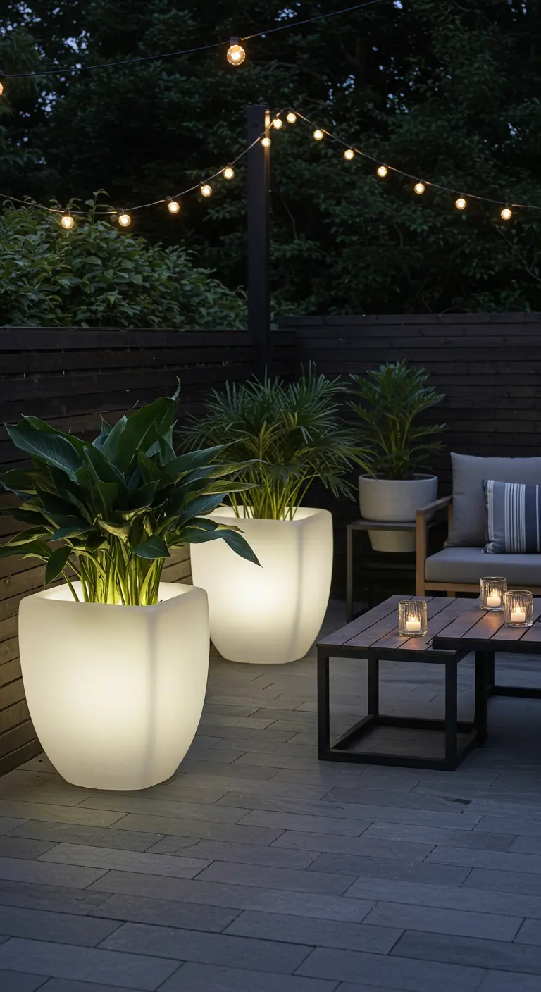 Terrasse avec deux grands pots de fleurs blancs carrés qui s'illuminent de l'intérieur.