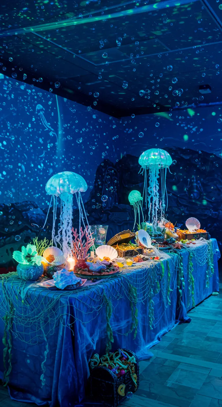 Buffet thème sous-marin avec méduses lumineuses, coraux, coquillages et filet de pêche.