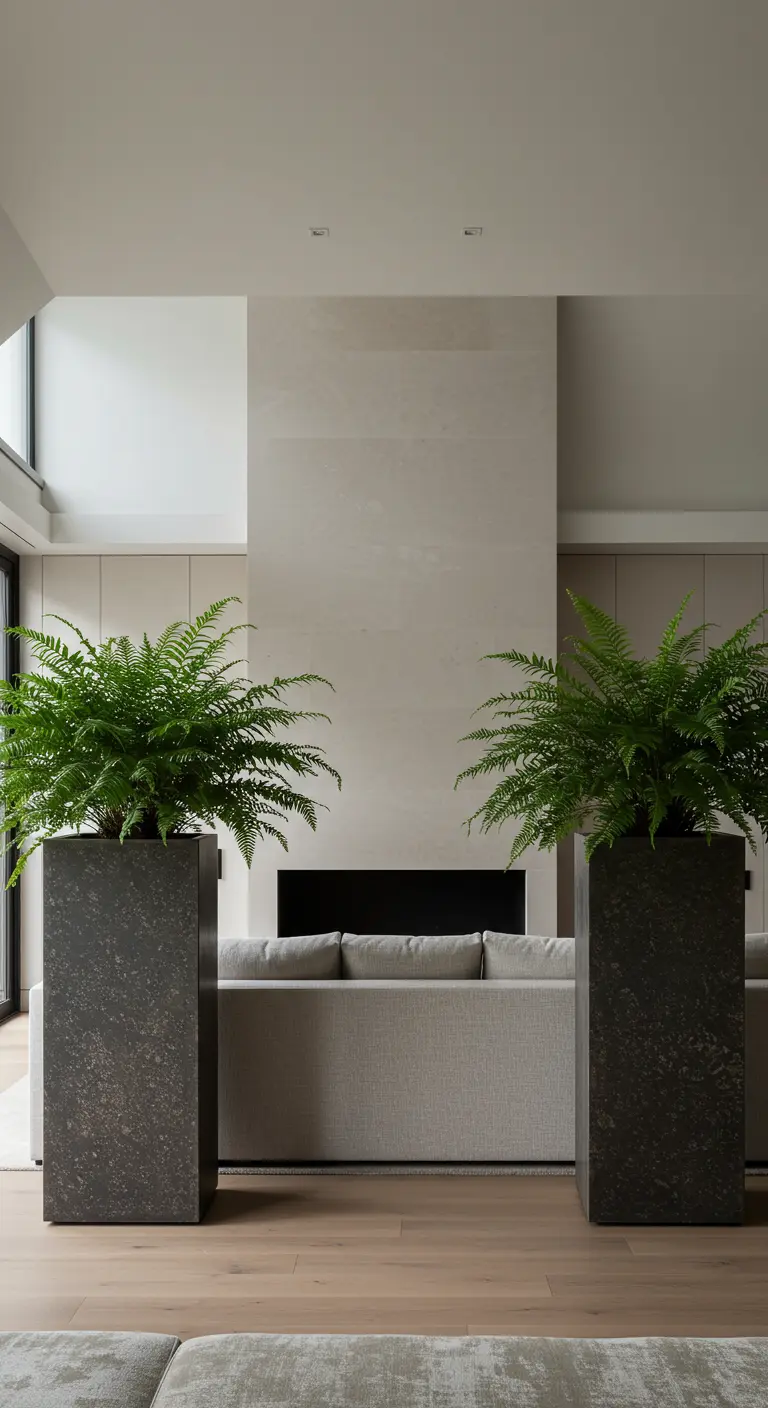 Deux grands pots rectangulaires en pierre foncée encadrant une cheminée moderne.