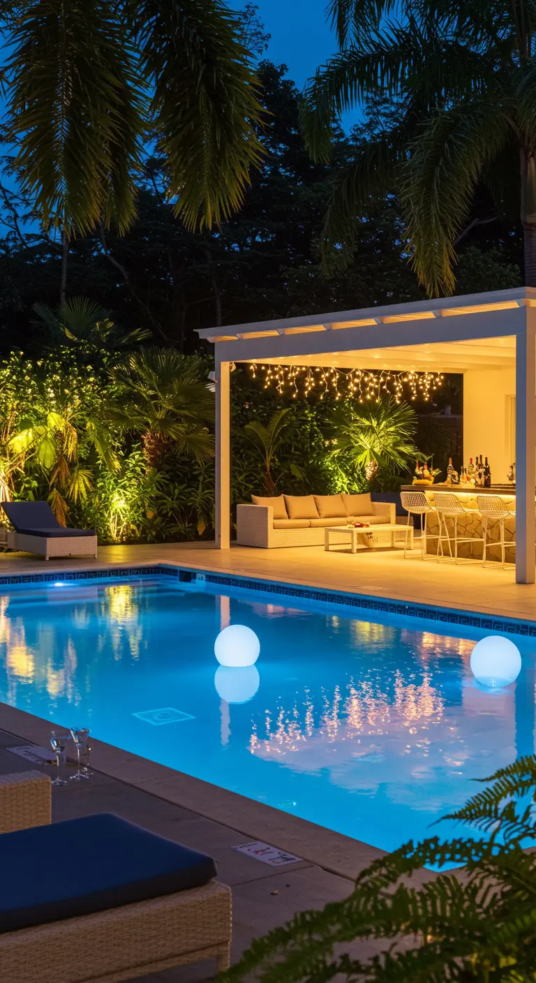 Piscine éclairée la nuit avec des sphères LED flottantes et des guirlandes lumineuses.