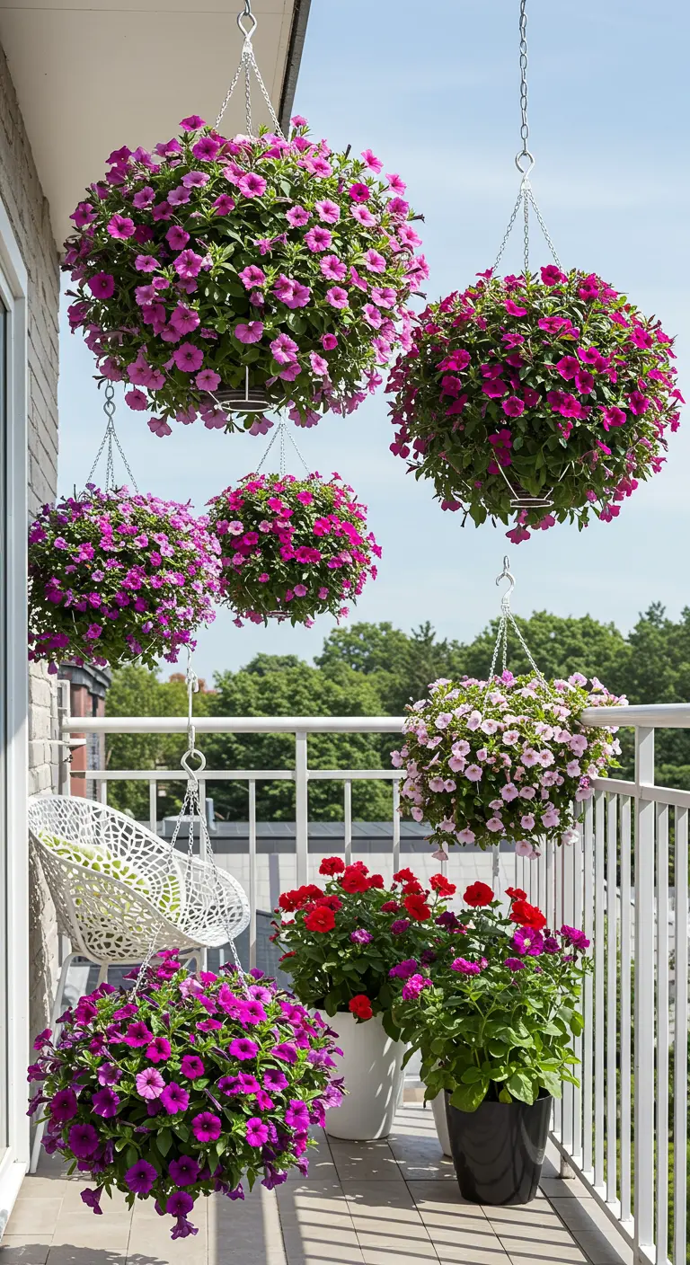 Paniers suspendus remplis de fleurs roses et violettes luxuriantes.