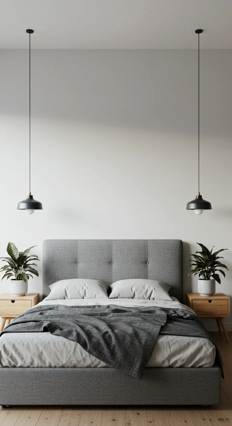 Lit gris avec deux suspensions noires en guise de lampes de chevet.