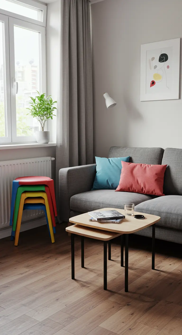 Tabourets empilables colorés rangés à côté d'un canapé gris dans un petit salon.