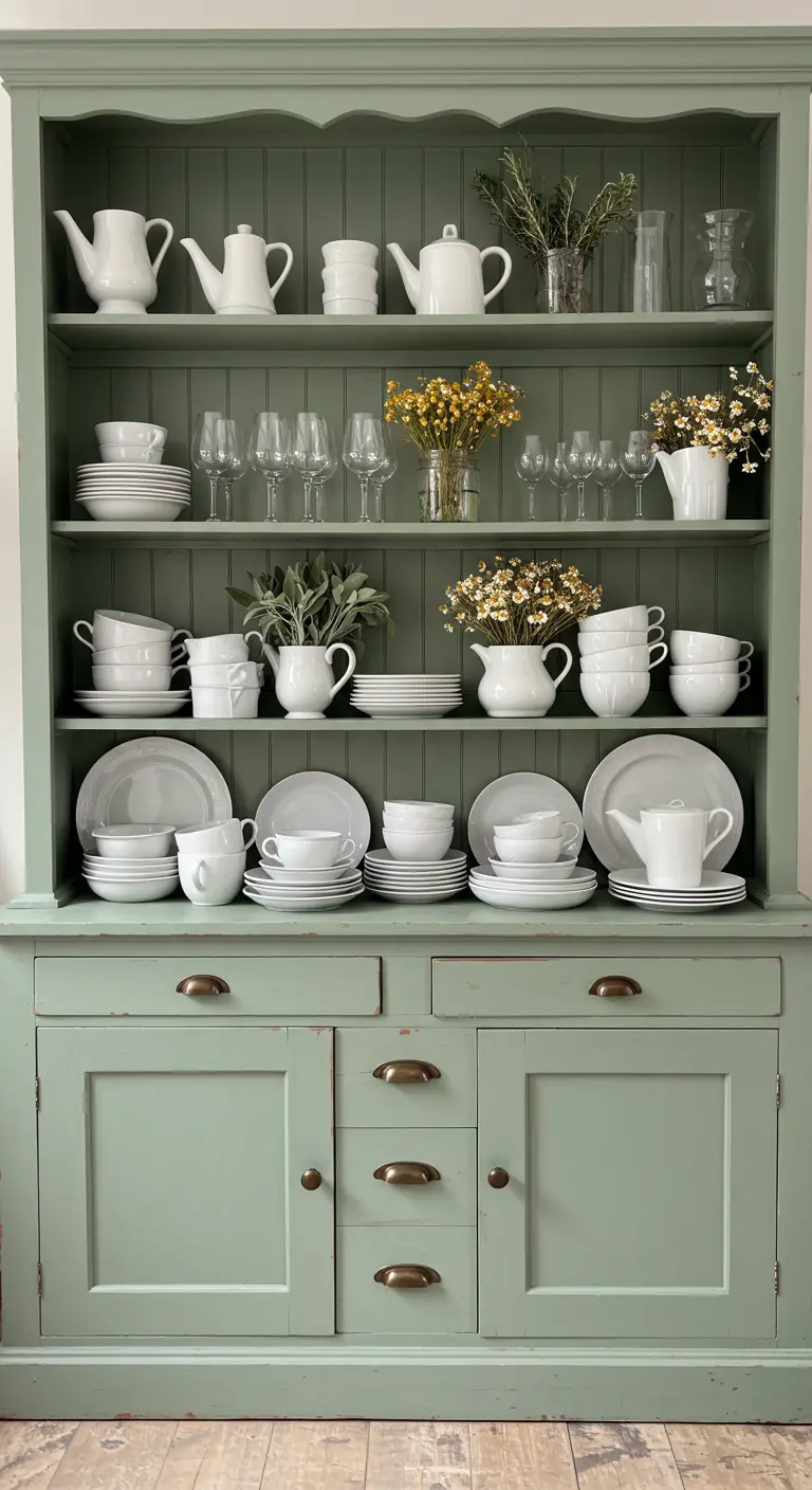 Vaisselier vert sauge avec de la vaisselle blanche et des petits bouquets de fleurs séchées jaunes.
