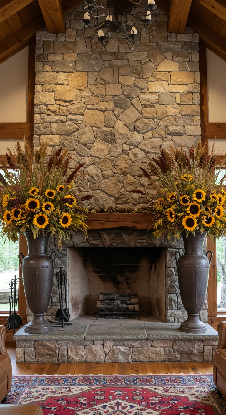 Deux grandes urnes avec des bouquets de tournesols séchés encadrant une imposante cheminée en pierre.