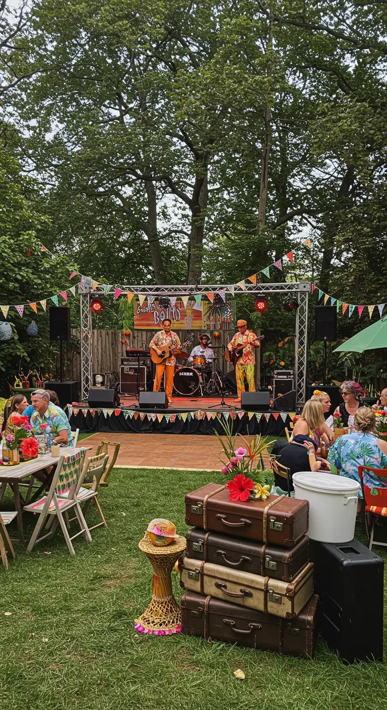 Scène de concert en plein air avec une pile de valises décoratives au premier plan.