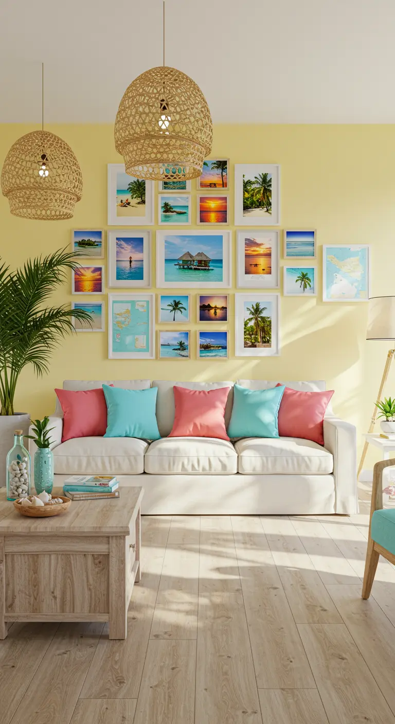 Salon aux couleurs vives avec un mur de cadres de couchers de soleil tropicaux, canapé blanc.