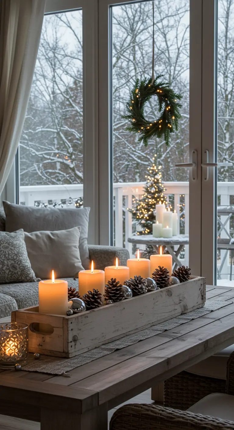 Centre de table en bois avec bougies, regardant vers un balcon avec un sapin de Noël illuminé.